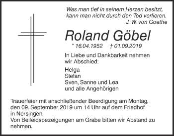 Traueranzeige von Roland Göbel von SÜDWEST PRESSE Ausgabe Ulm/Neu-Ulm