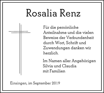 Traueranzeige von Rosalia Renz von SÜDWEST PRESSE Ausgabe Ulm/Neu-Ulm