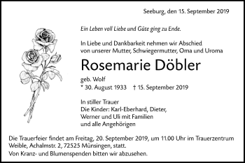 Traueranzeige von Rosemarie Döbler von Alb-Bote/Metzinger-Uracher Volksblatt