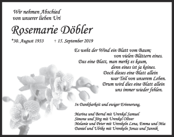 Traueranzeige von Rosemarie Döbler von Alb-Bote/Metzinger-Uracher Volksblatt