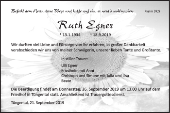 Traueranzeige von Ruth Egner von Haller Tagblatt