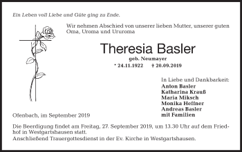 Traueranzeige von Theresia Basler von Hohenloher Tagblatt