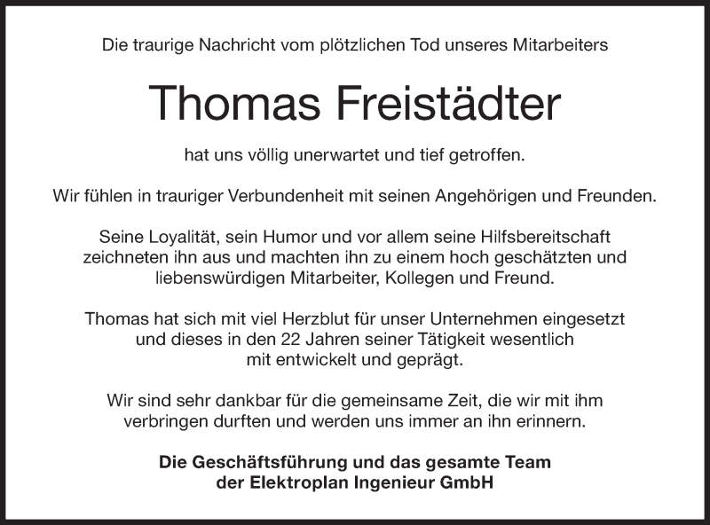  Traueranzeige für Thomas Freistädter vom 02.10.2019 aus NWZ Neue Württembergische Zeitung