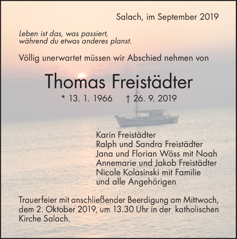  Traueranzeige für Thomas Freistädter vom 28.09.2019 aus NWZ Neue Württembergische Zeitung