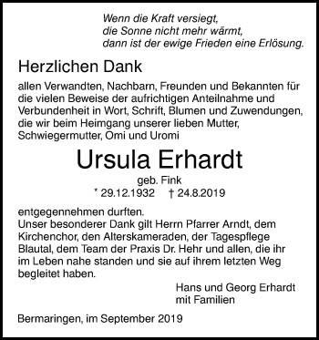 Traueranzeige von Ursula Erhardt von SÜDWEST PRESSE Ausgabe Ulm/Neu-Ulm