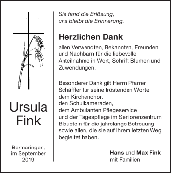 Traueranzeige von Ursula Fink von SÜDWEST PRESSE Ausgabe Ulm/Neu-Ulm