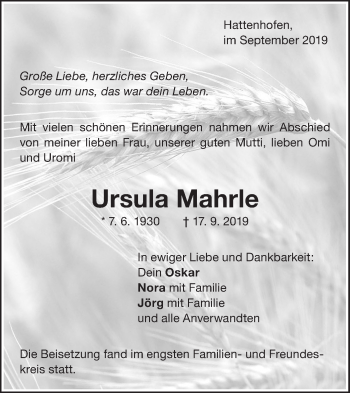 Traueranzeige von Ursula Mahrle von NWZ Neue Württembergische Zeitung