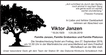 Traueranzeige von Viktor Janzen von Haller Tagblatt