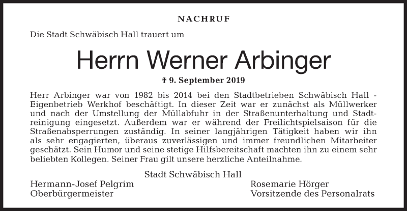  Traueranzeige für Werner Arbinger vom 25.09.2019 aus Haller Tagblatt