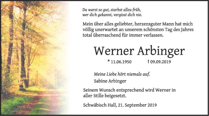  Traueranzeige für Werner Arbinger vom 21.09.2019 aus Haller Tagblatt