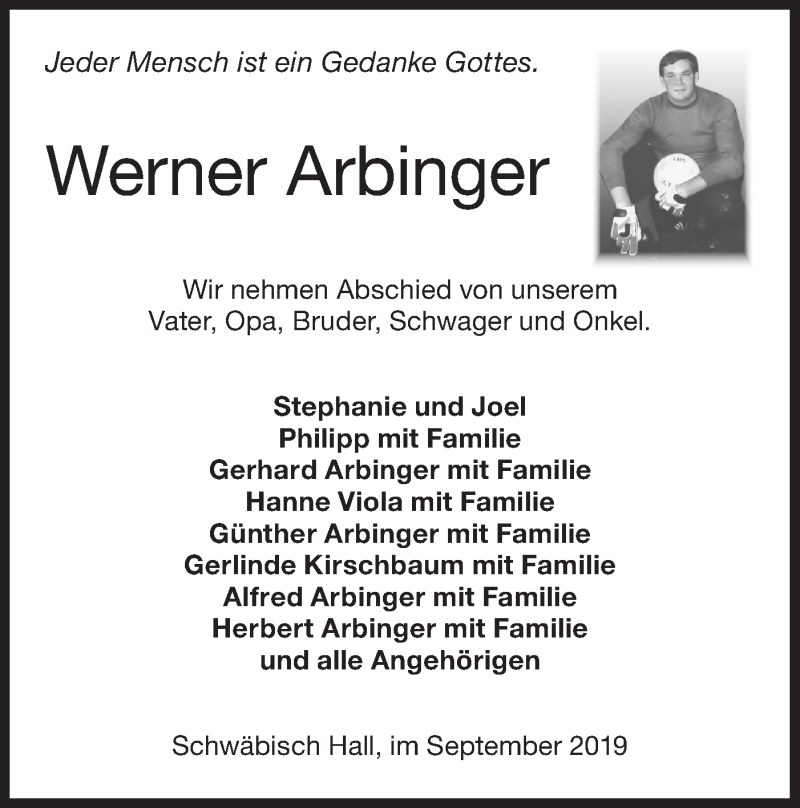  Traueranzeige für Werner Arbinger vom 25.09.2019 aus Haller Tagblatt