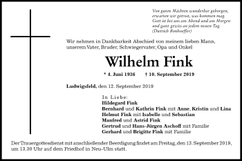 Traueranzeige von Wilhelm Fink von SÜDWEST PRESSE Ausgabe Ulm/Neu-Ulm