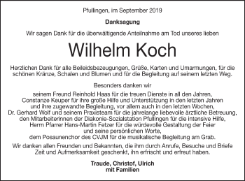 Traueranzeige von Wilhelm Koch von Metzinger-Uracher Volksblatt