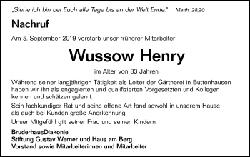 Traueranzeige von Wussow Henry von Alb-Bote/Metzinger-Uracher Volksblatt