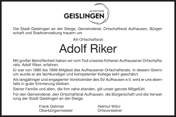 Traueranzeige von Adolf Riker von Geislinger Zeitung