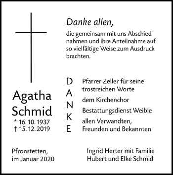 Traueranzeige von Agatha Schmid von Alb-Bote/Metzinger-Uracher Volksblatt