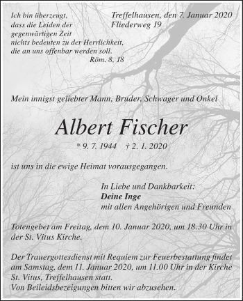 Traueranzeige von Albert Fischer von NWZ Neue Württembergische Zeitung/Geislinger Zeitung