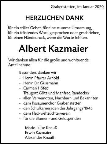 Traueranzeige von Albert Kazmaier von Alb-Bote/Metzinger-Uracher Volksblatt