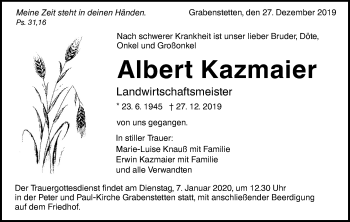 Traueranzeige von Albert Kazmaier von Alb-Bote/Metzinger-Uracher Volksblatt