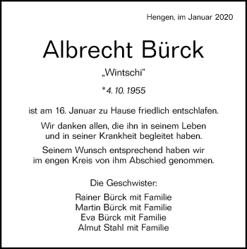 Traueranzeige von Albrecht Bürck von Metzinger-Uracher Volksblatt