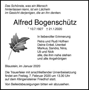 Traueranzeige von Alfred Bogenschütz von SÜDWEST PRESSE Ausgabe Ulm/Neu-Ulm