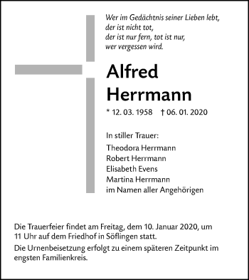 Traueranzeige von Alfred Herrmann von SÜDWEST PRESSE Ausgabe Ulm/Neu-Ulm