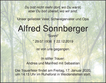 Traueranzeige von Alfred Sonnberger von SÜDWEST PRESSE Ausgabe Ulm/Neu-Ulm