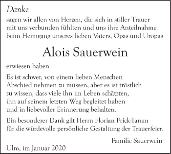 Traueranzeige von Alois Sauerwein von SÜDWEST PRESSE Ausgabe Ulm/Neu-Ulm