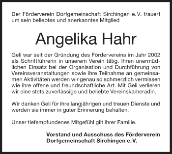 Traueranzeige von Angelika Hahr von Metzinger-Uracher Volksblatt