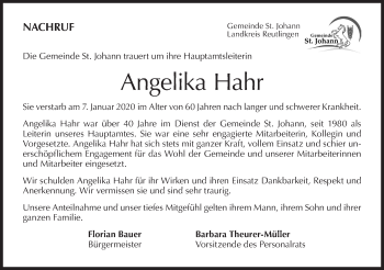 Traueranzeige von Angelika Hahr von Metzinger-Uracher Volksblatt