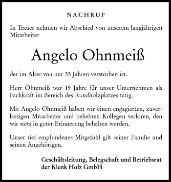 Traueranzeige von Angelo Ohnmeiß von Rundschau Gaildorf