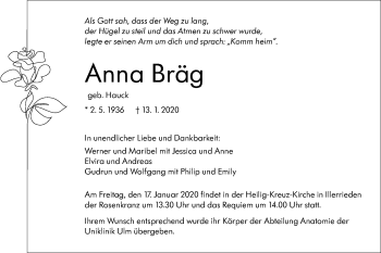 Traueranzeige von Anna Bräg von SÜDWEST PRESSE Ausgabe Ulm/Neu-Ulm