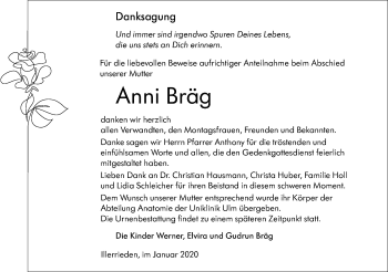 Traueranzeige von Anna Bräg von SÜDWEST PRESSE Ausgabe Ulm/Neu-Ulm