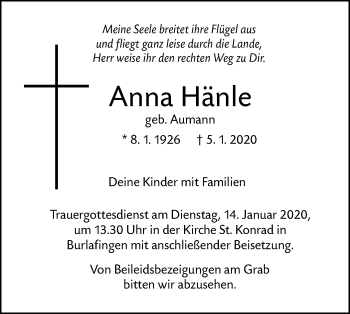 Traueranzeige von Anna Hänle von SÜDWEST PRESSE Ausgabe Ulm/Neu-Ulm