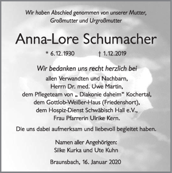 Traueranzeige von Anna-Lore Schumacher von Haller Tagblatt