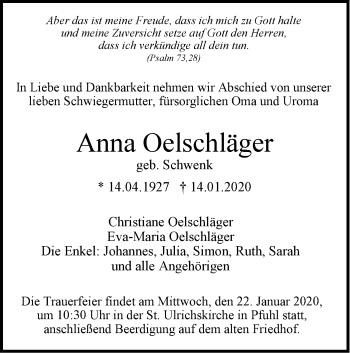 Traueranzeige von Anna Oelschläger von SÜDWEST PRESSE Ausgabe Ulm/Neu-Ulm