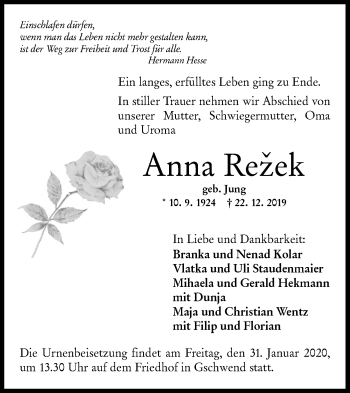 Traueranzeige von Anna Režek von Rundschau Gaildorf