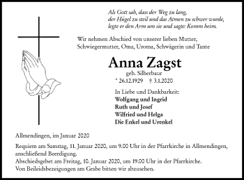 Traueranzeige von Anna Zagst von Ehinger Tagblatt