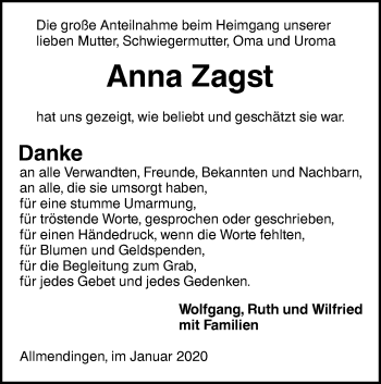 Traueranzeige von Anna Zagst von Ehinger Tagblatt