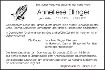 Traueranzeige von Anneliese Ellinger von Haller Tagblatt