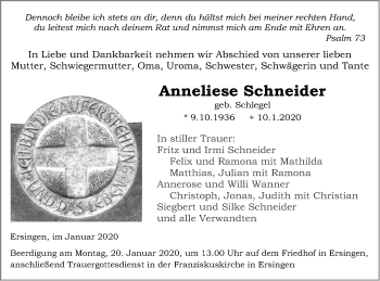 Traueranzeige von Anneliese Schneider von Ehinger Tagblatt