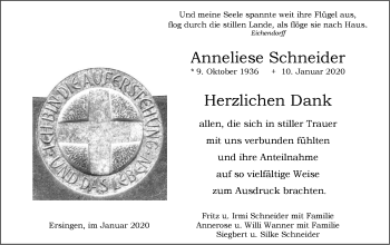 Traueranzeige von Anneliese Schneider von Ehinger Tagblatt