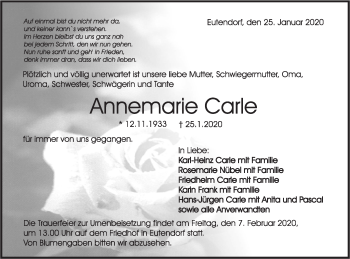 Traueranzeige von Annemarie Carle von Rundschau Gaildorf