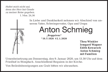 Traueranzeige von Anton Schmieg von Hohenloher Tagblatt