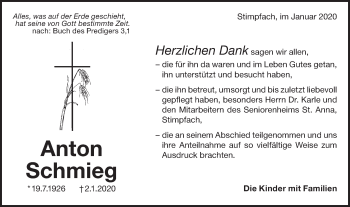 Traueranzeige von Anton Schmieg von Hohenloher Tagblatt