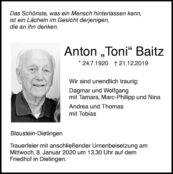 Traueranzeige von Anton Toni Baitz von SÜDWEST PRESSE Ausgabe Ulm/Neu-Ulm