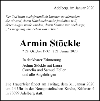 Traueranzeige von Armin Stöckle von NWZ Neue Württembergische Zeitung