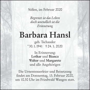 Traueranzeige von Barbara Hansl von NWZ Neue Württembergische Zeitung