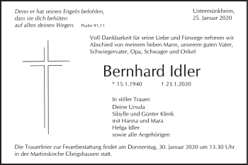 Traueranzeige von Bernhard Idler von Haller Tagblatt