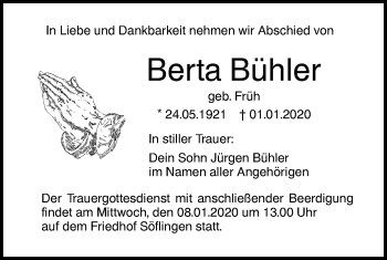 Traueranzeige von Berta Bühler von SÜDWEST PRESSE Ausgabe Ulm/Neu-Ulm